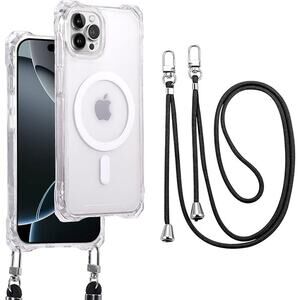 Magnetic Case for iPhone 16 Pro,Shockproof Case with Detachable Lanyard, Clear